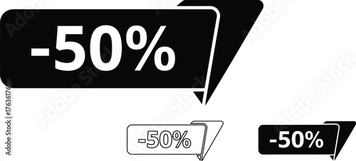 Three fifty percent off sale tags in black and white illustrations