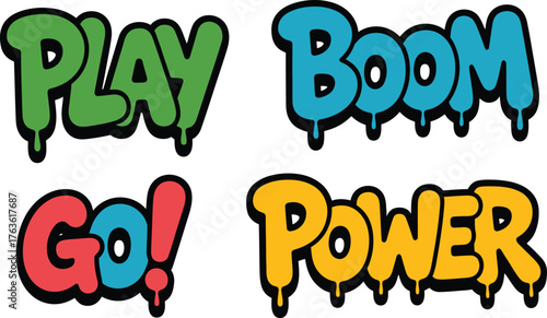 Dynamic graffiti style words play boom go power bursting with vibrant colors energetic expression