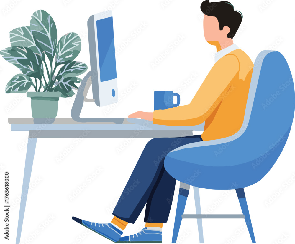 Fototapeta premium Vector art of man working on computer at desk