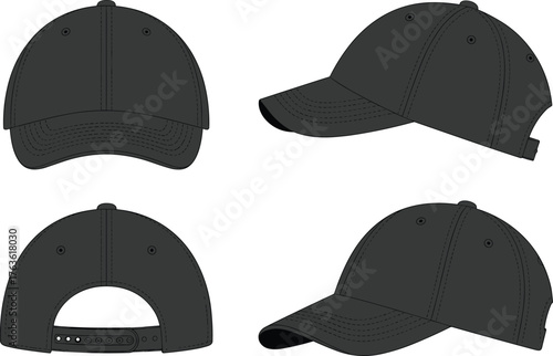 Black baseball cap isolated on white background, classic sports hat mockup design for fashion branding, apparel accessory, and advertising presentation
