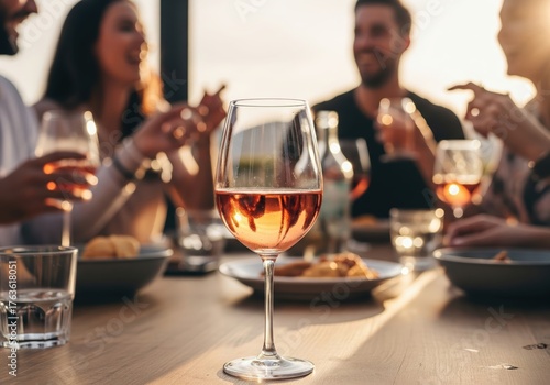 Wallpaper Mural Rosé wine glass on table, friends dining outdoors at sunset, capturing joyful social moments and relaxed al fresco experience during golden hour Torontodigital.ca