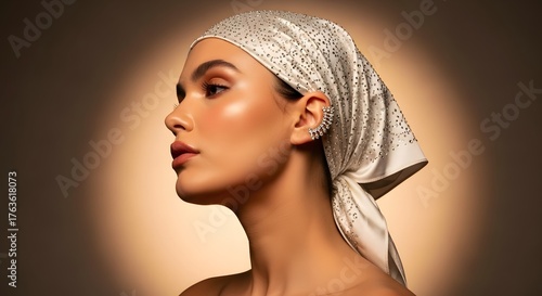 Elegant woman in shimmering silver headscarf with glowing skin and soft makeup, captured in graceful profile under warm spotlight.