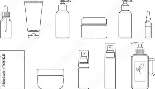 Line art illustration of various cosmetic and skincare product bottles