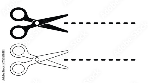 A simple black and white illustration showing two pairs of scissors with dotted lines indicating cutting paths. 