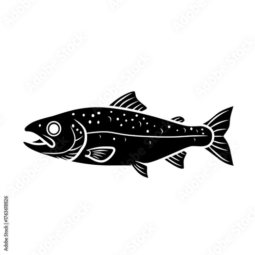 Black silhouette vector illustration of a salmon fish. Suitable for fishing logo, seafood design, nature concept, or outdoor label. Perfect for badges, icons, and branding