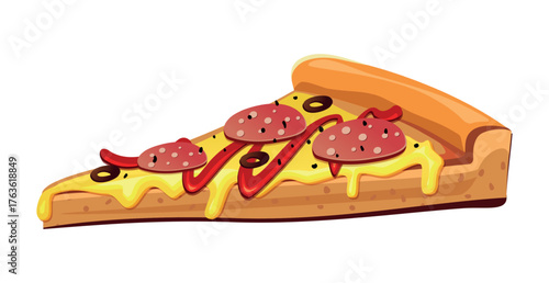 Realistic cooked slice of pizza with sauce white background - Vector illustration