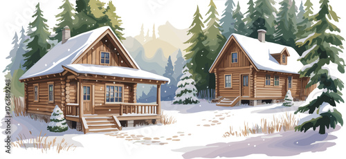 Cozy wooden cabins in snowy forest landscape, rustic winter cottages surrounded by pine trees, peaceful countryside homes covered in snow, watercolor illustration