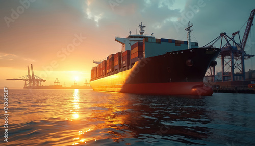 Cargo ship sails into seaport at sunset. Commercial vessel loaded with containers approaches dock for unloading. Maritime transport logistics, global trade import export business by waterway.