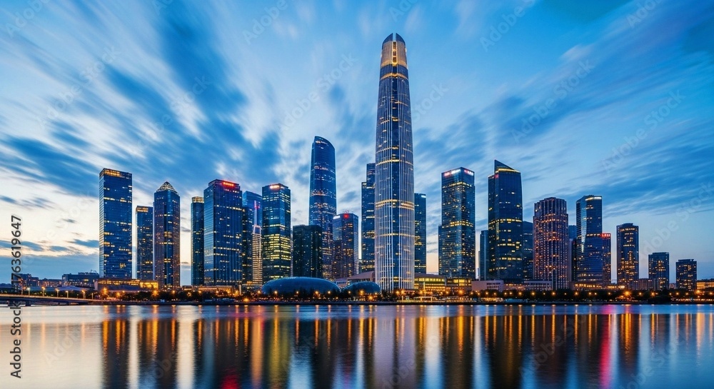 Obraz premium A vibrant night-time cityscape featuring a central towering skyscraper and long-exposure reflections across the river
