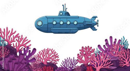 Blue submarine exploring vibrant coral reefs: underwater adventure scene