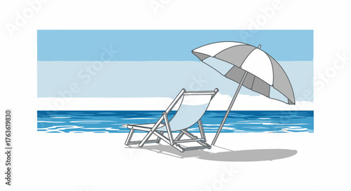 Summer relaxation beach chair and sun umbrella seaside scene cartoon art