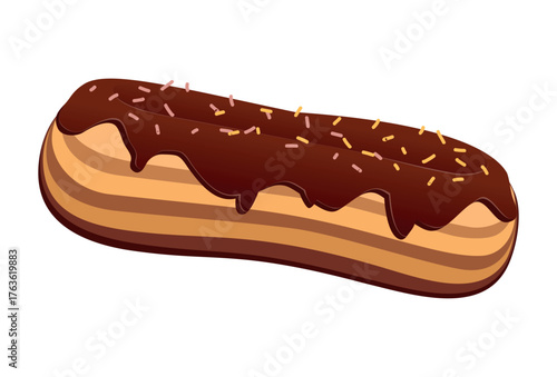Realistic eclair with dark chocolate isolated on white background - Vector illustration