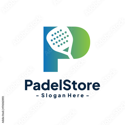 Letter P for Padel sport logo design template. Concept of Padel tennis court, sport training, tournament, etc. Creative vector symbol Padel racquet.