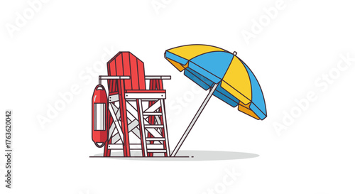 Cartoon Lifeguard Chair and Beach Umbrella on White Isolated Background
