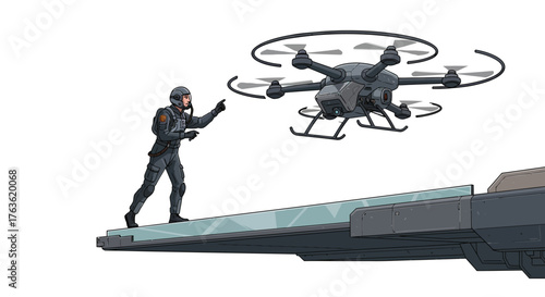Futuristic drone operation: pilot directs advanced quadcopter on tech platform