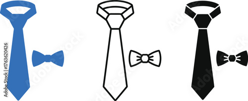Three tie and bow tie illustrations in different styles and colors