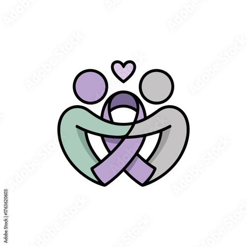 Parent And Baby Hug Icon, Heart Accent, Purple Ribbon Awareness, Preemie Care, Love And Protection, Gentle Family, Vector
