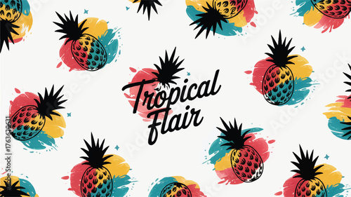 A vibrant, abstract pattern design featuring black spiky pineapples silhouettes scattered across a white background.