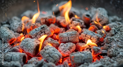 Glowing Embers - A Close-Up of Burning Charcoal Briquettes.