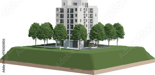 Modern apartment building surrounded by green trees, eco friendly architecture, sustainable urban housing concept, 3D rendering on white background