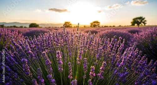 Golden Sunset Over A Vast Lavender Field In Provence France.