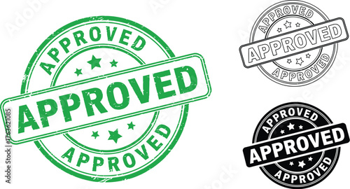 Three approved stamps in green black and outline vector illustration