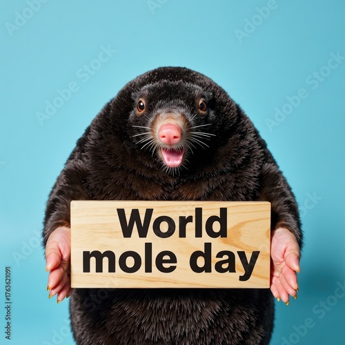 A mole is holding a sign that says World Mole Day