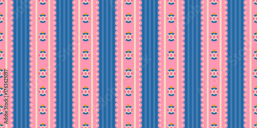 Seamless vintage Christmas pattern with balls and stripes in pink and blue. Retro festive design perfect for wrapping paper, fabric, holiday stationery, and nostalgic seasonal projects.