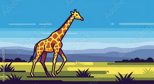 Giraffe Walking Across African Savanna Under Blue Sky.