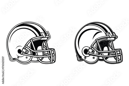 Two black and white american football helmets side by side