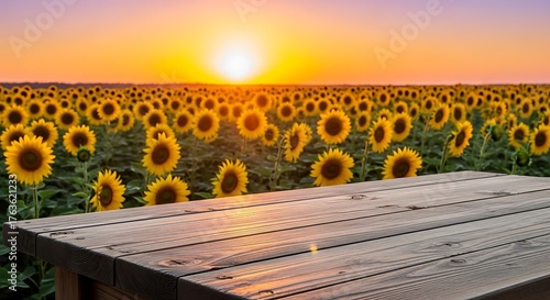Empty wooden table with blurred sunflower field at sunset.