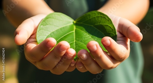 Hands Offering a Green Leaf - Symbol of Environmental Care.