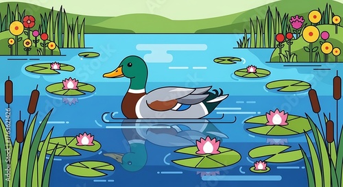 Duck swimming on a pond with lily pads and flowers in nature.