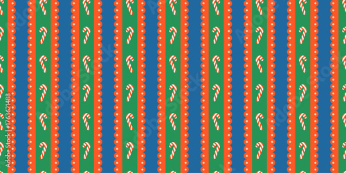 Seamless vintage Christmas pattern with red and white candy canes on a green striped background. Perfect for holiday wrapping paper, fabric, packaging, and festive seasonal projects with retro charm.