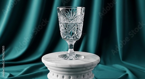 Elegant Crystal Glass with Water on Marble Pedestal Against Teal Draped Fabric.