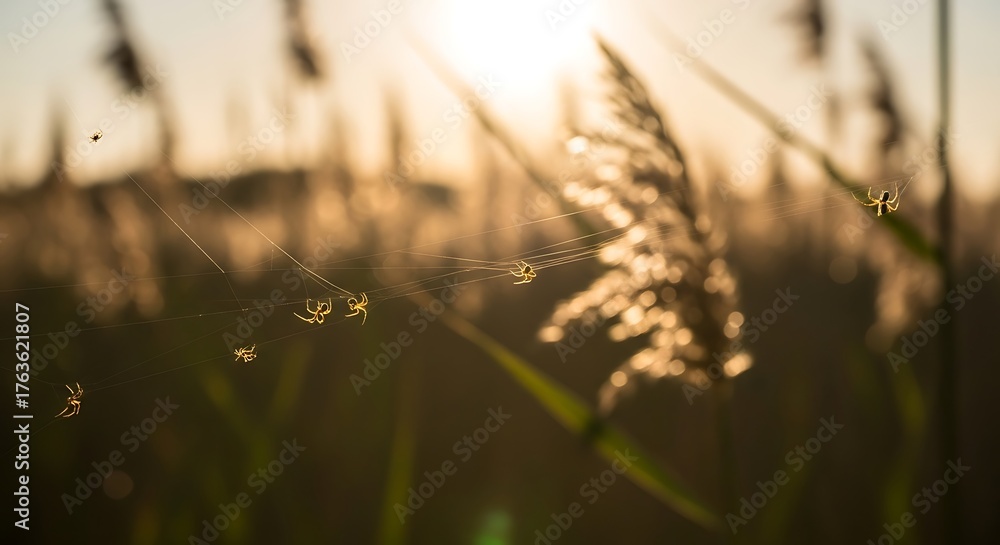 Fototapeta premium Golden hour sunset illuminates tall grass and flying insects in a meadow.
