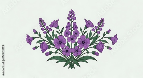 Vibrant Purple Floral Arrangement with Green Leaves on White Background.