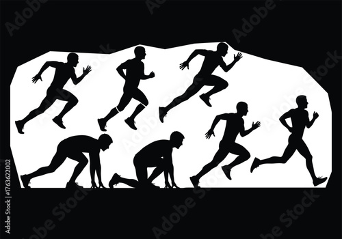 Six sprinting motion silhouettes, athlete running sequence, black figure vector, sports biomechanics illustration, dynamic pose design, isolated action art