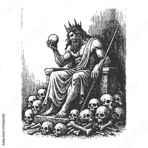 Dark fantasy illustration of Hades, the god of the underworld, sitting on a throne of skulls. Perfect for mythology or gothic art.