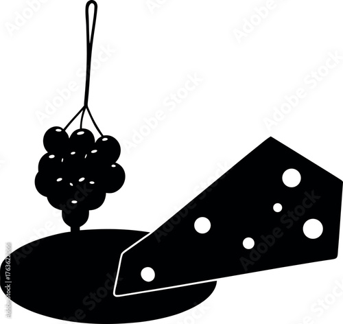 Vector illustration of isolated red and green grapes, black cherry, and wine bottle with a leaf on a white background