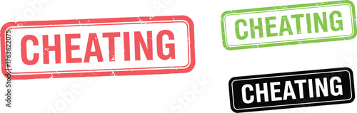 Three stamps with the word cheating in red and black on white background