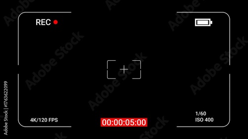 Realistic Camera Recording Screen Overlay with Transparent Background,  Alpha Channel Display,  Video Camera Viewfinder with REC Timer, Battery.