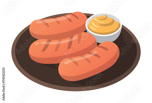 Realistic boiled fried sausages with sauce on a white background - Vector illustration