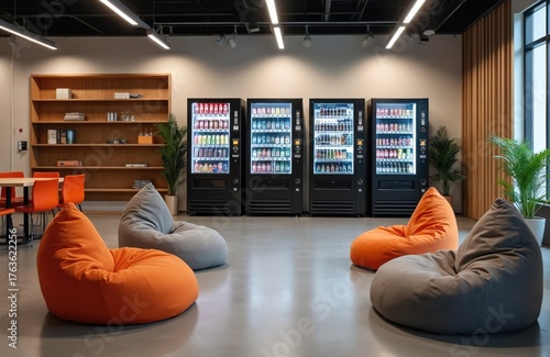 Modern office lounge with vending machines beanbag chairs and shelves. Contemporary interior with comfort relaxation area and selfservice options. Stylish design offers workspace for breaks drinks.