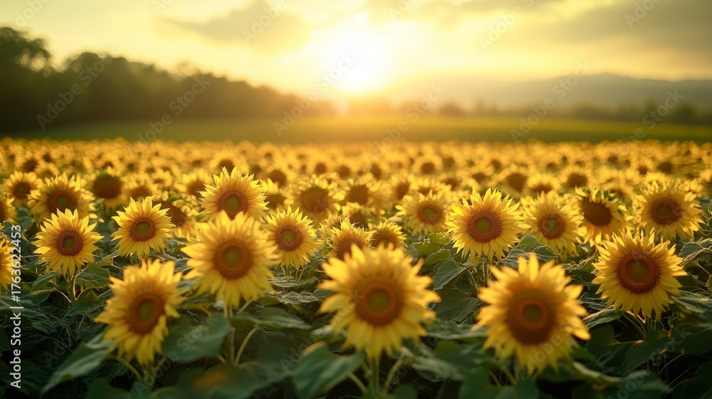 Fototapeta premium Sunflowers stretch toward the evening sky, illuminated by a glowing sunset, creating a serene and vibrant landscape