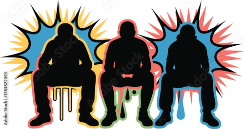Three silhouetted figures sitting on chairs against a vibrant explosive background