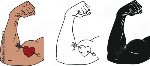 Three arms with hearts pierced by arrows in different color styles