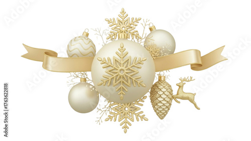 Elegant Golden Christmas Ornaments and Festive Ribbon Banner