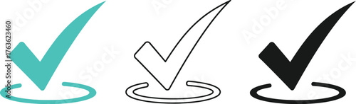 Three check mark symbols in different styles and color variations set