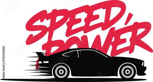 Dynamic silhouette of a sports car in motion with bold "speed power" text